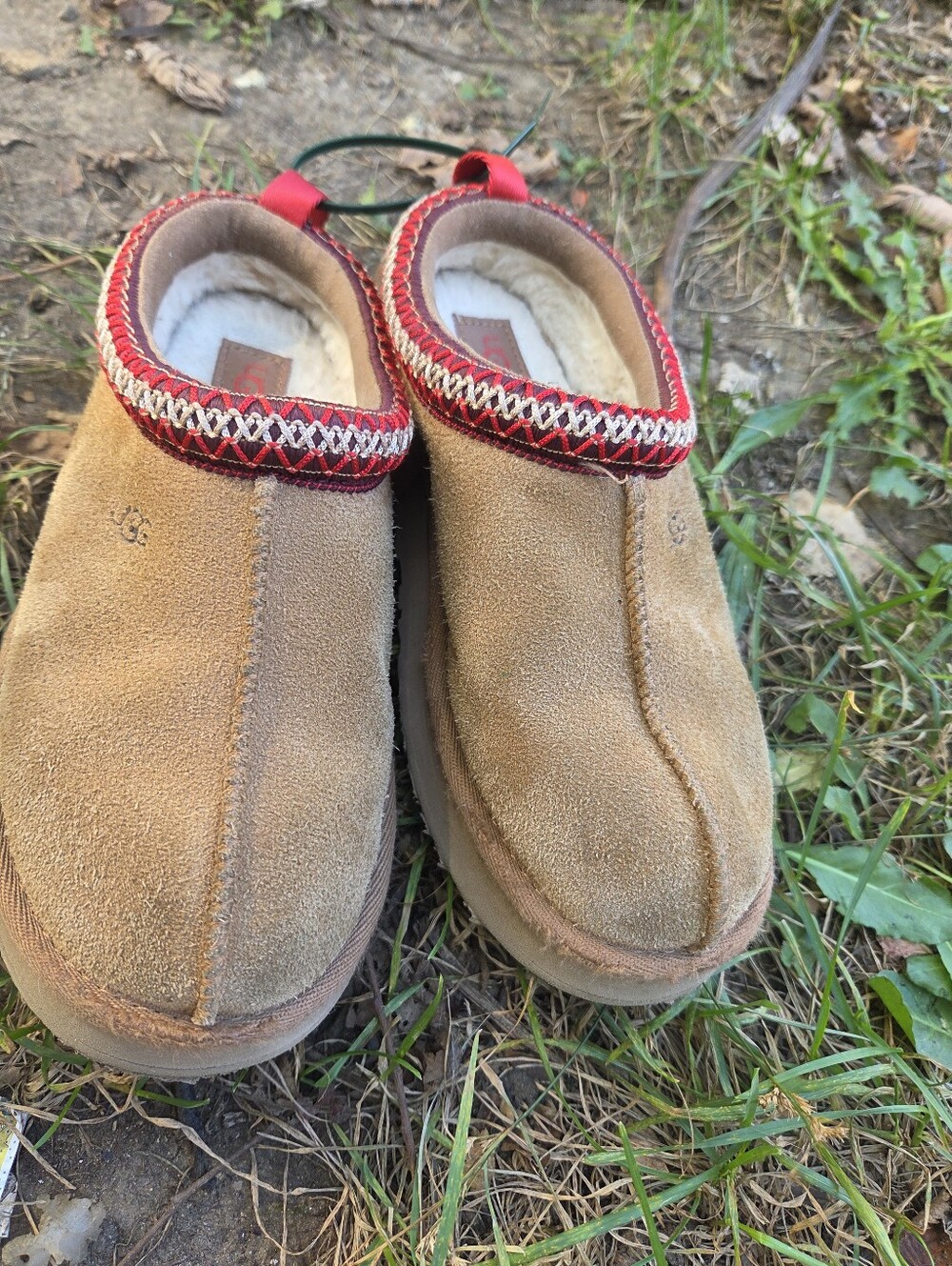 UGG Kids Tan Suede Slip-On Slippers with Red Trim